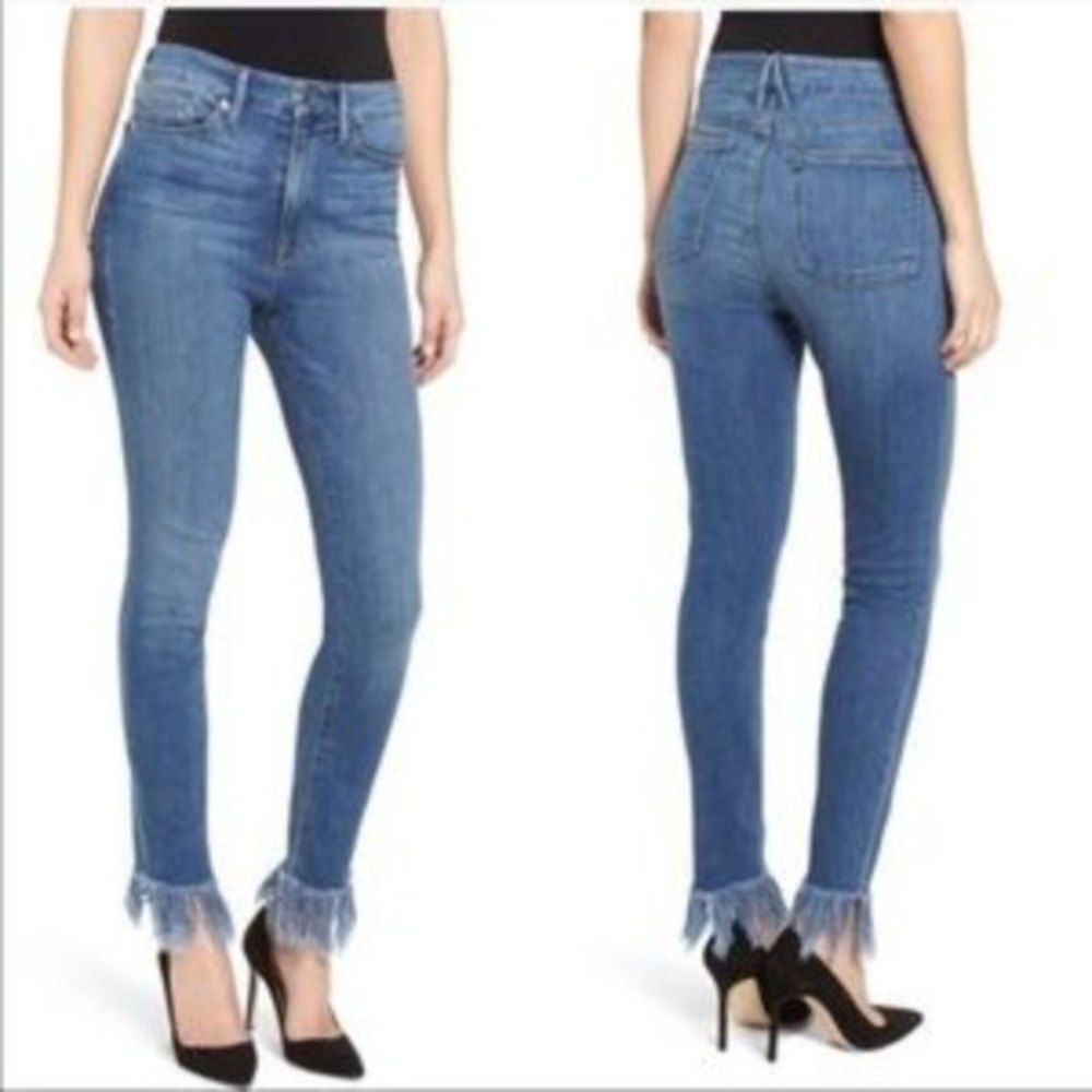Good American Good Waist Fringe Hem Skinny Jeans